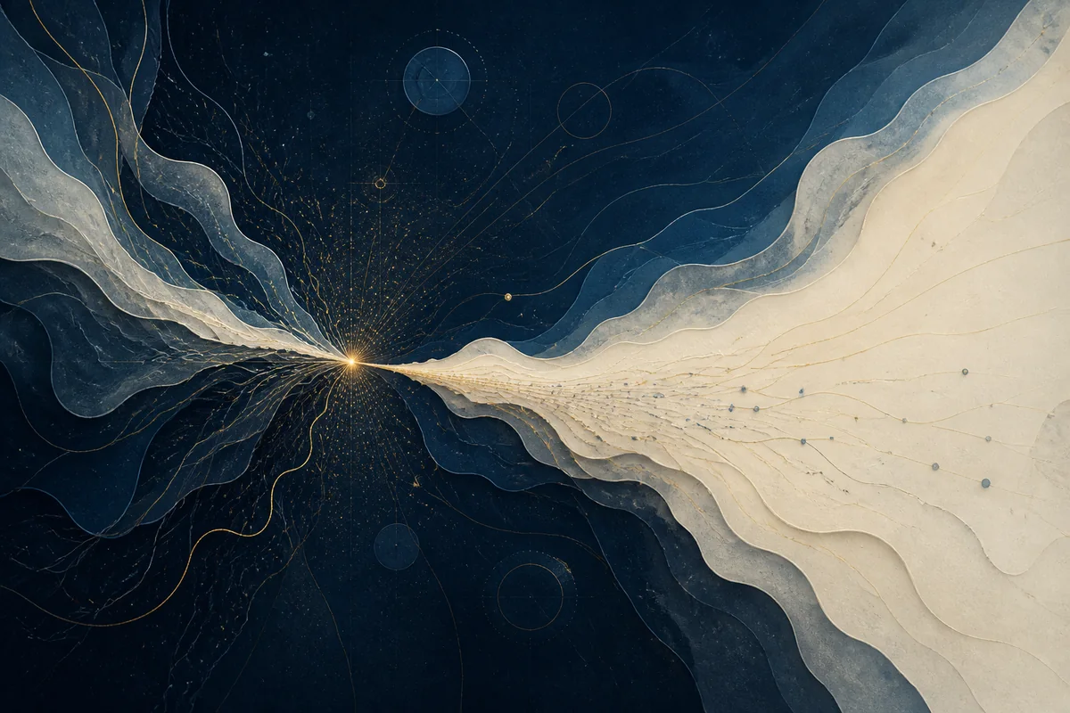 Layered pathways converging to represent scientific discovery